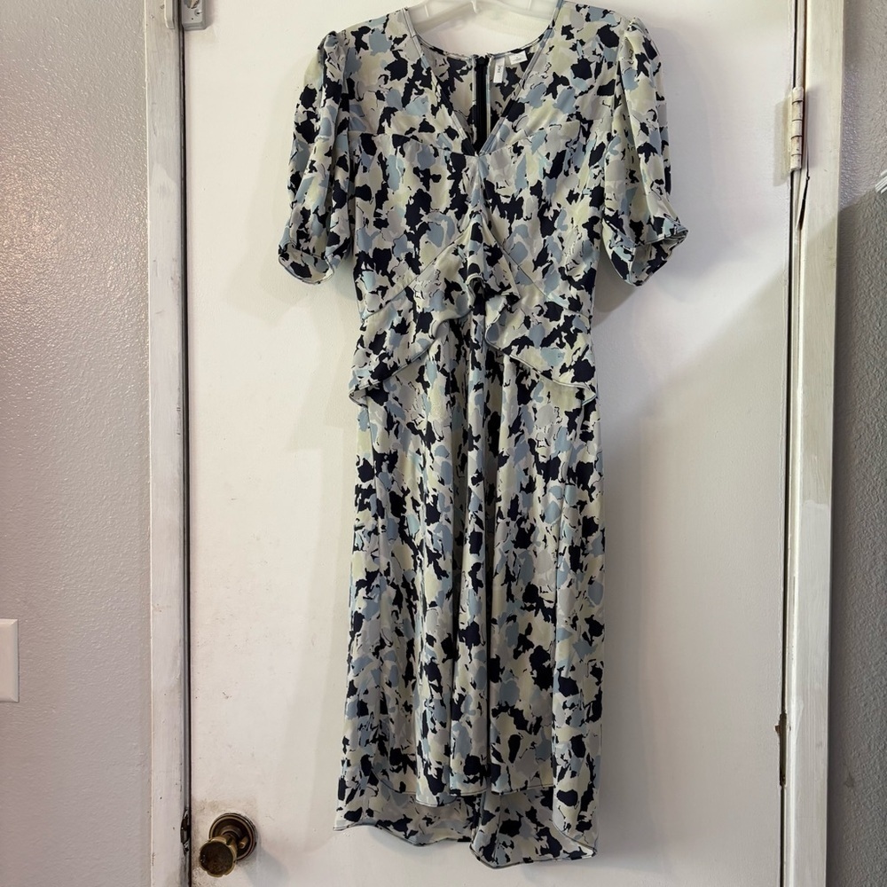 Lewit Flounce Silk Dress Ruffle Blue Green A-Line Printed Womens 6 Short Sleeve
